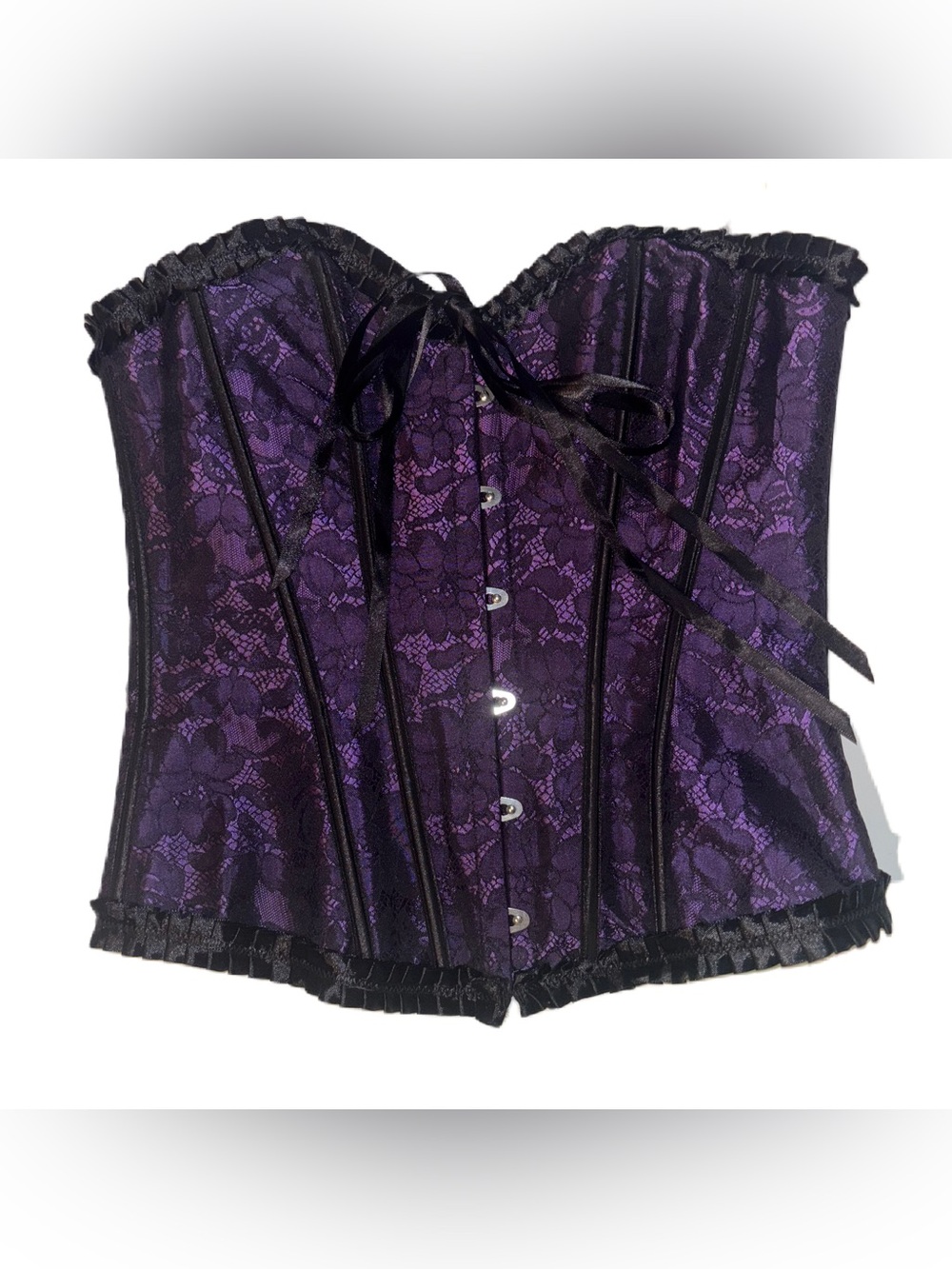 Purple Lace Print Overbust Corset Bustier with Black Trim Size M (Runs Small)